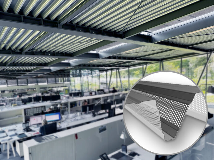 Büro mit Akustikprofilen als Tragschalen im Dachaufbau 