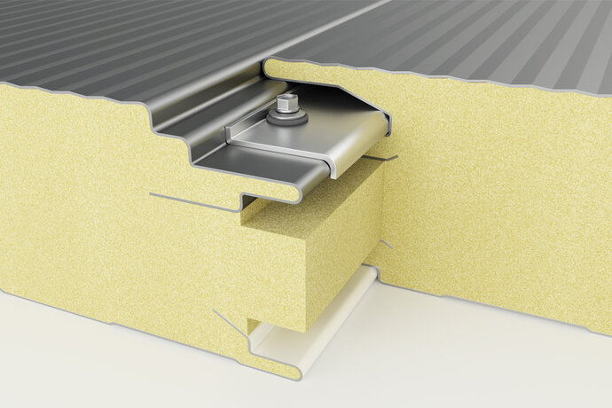 Darstellung der Verlegung eines Sandwichpaneels für die Wand mit verdeckter Befestigung mittels Lastverteilerplatte