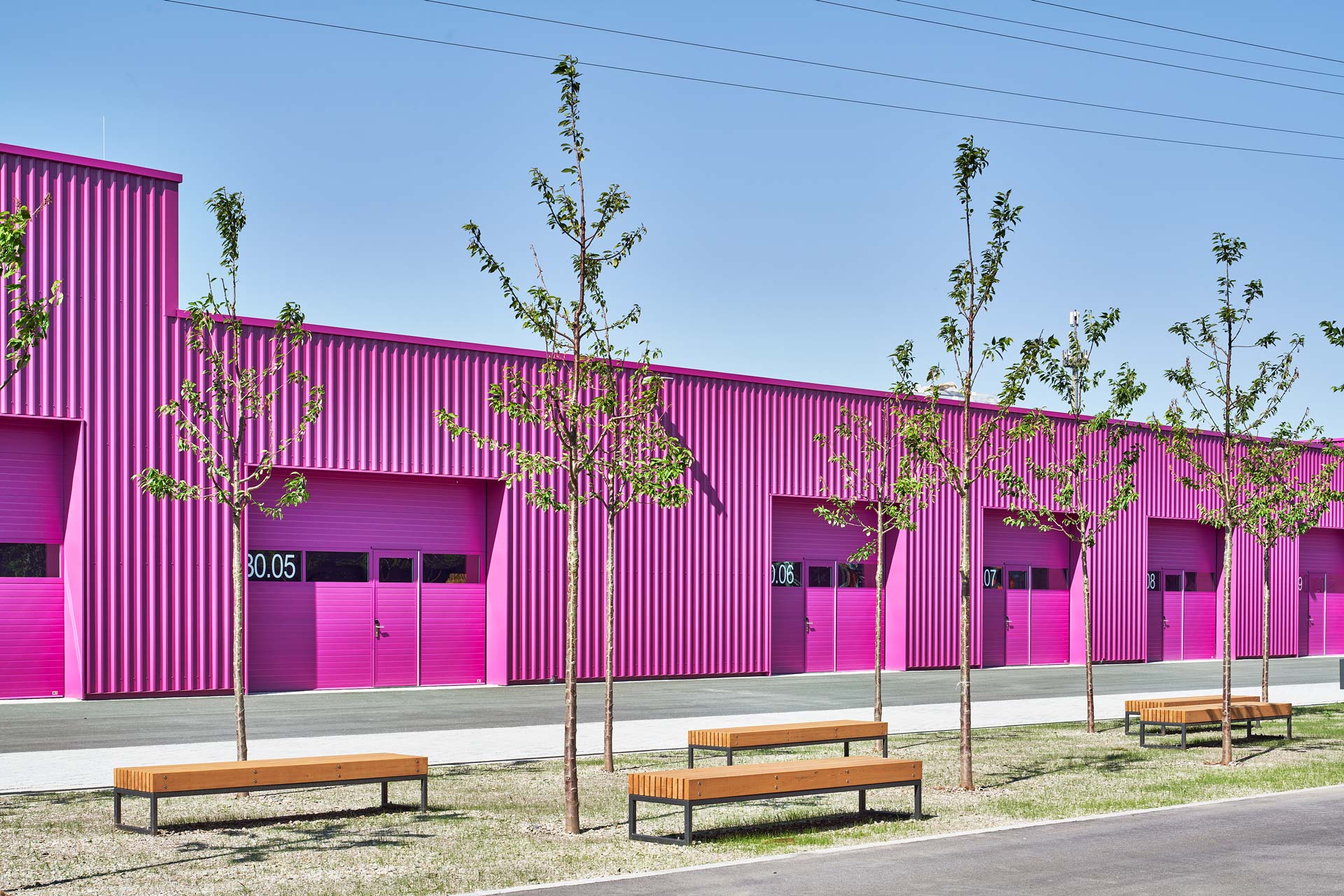 Hallenfassade in kräftigem Verkehrspurpur mit nummerierten Toren, vorgelagerten Bäumen und Sitzbänken entlang der Verkehrsfläche
